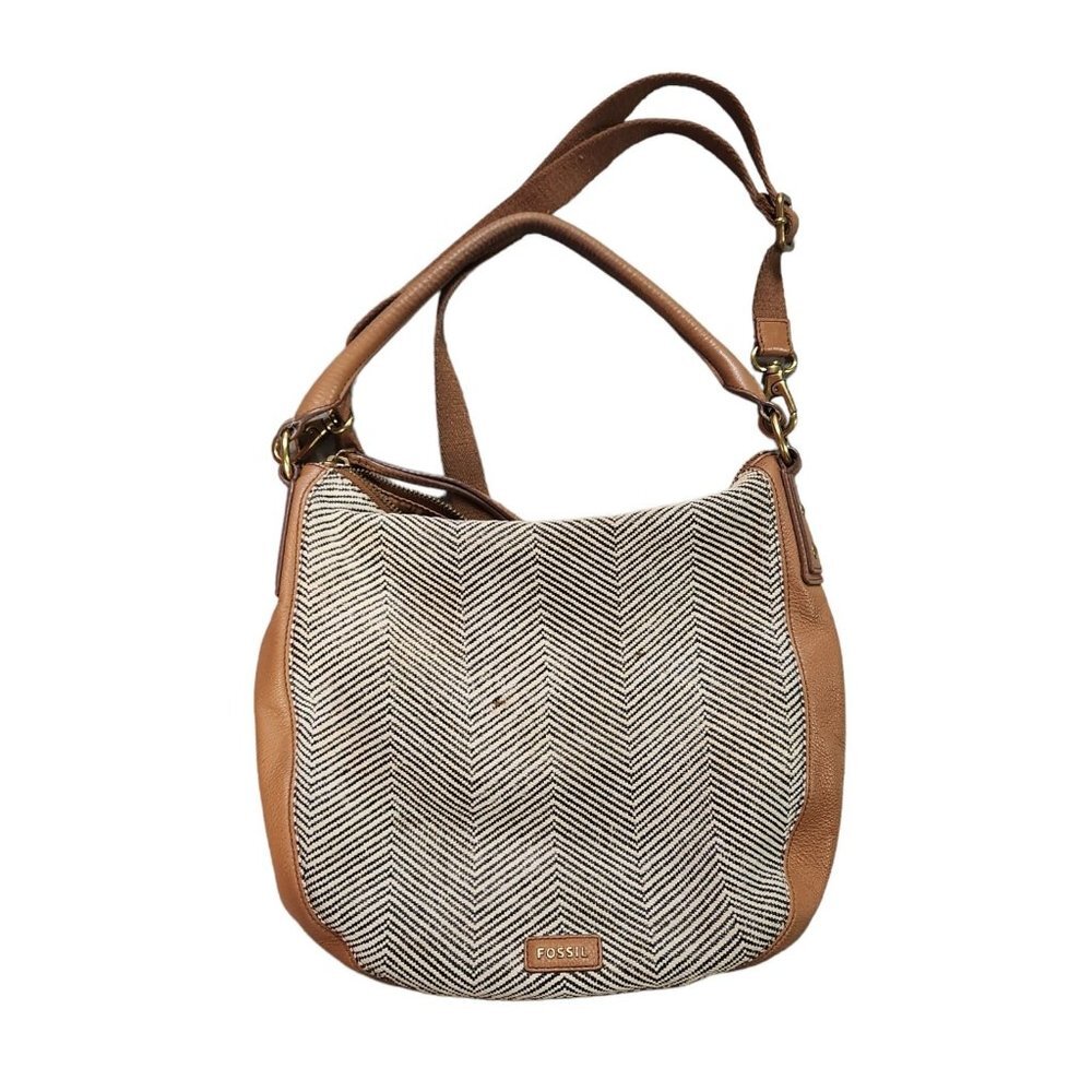 Fossil Rachel Woven Canvas Tote Bag Zig Zag Beige Purse Handbag‎ Herringbone